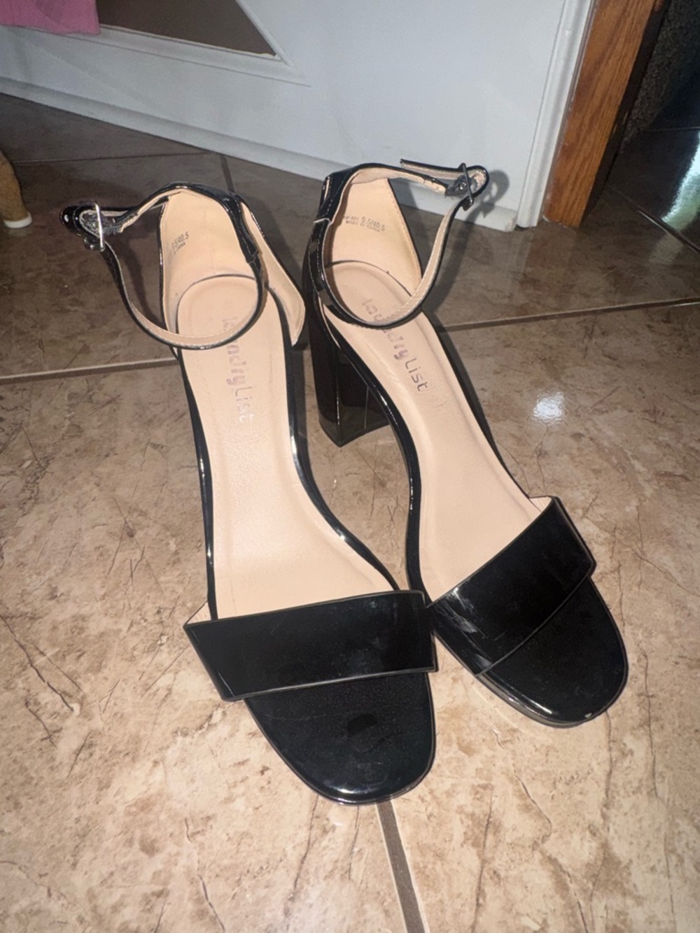 Laundry List Black Patent Ankle-Strap Block Heel Sandals